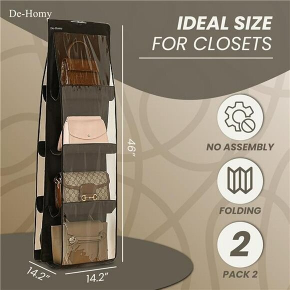 Handbag Organizer 2 Pack Closet Purse Hanger Storage with Clear Pockets Black - Picture 2 of 7